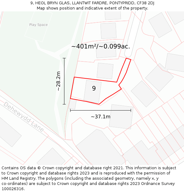 9, HEOL BRYN GLAS, LLANTWIT FARDRE, PONTYPRIDD, CF38 2DJ: Plot and title map