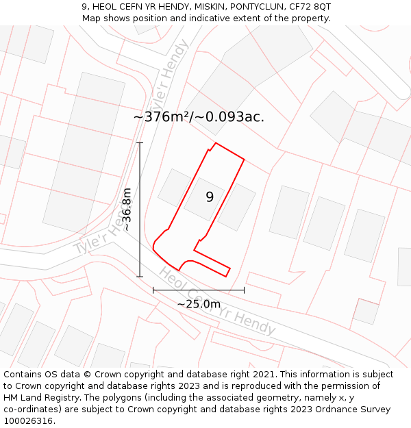 9, HEOL CEFN YR HENDY, MISKIN, PONTYCLUN, CF72 8QT: Plot and title map