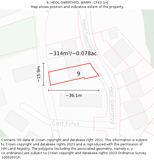 9, HEOL GWERTHYD, BARRY, CF63 1HJ: Plot and title map