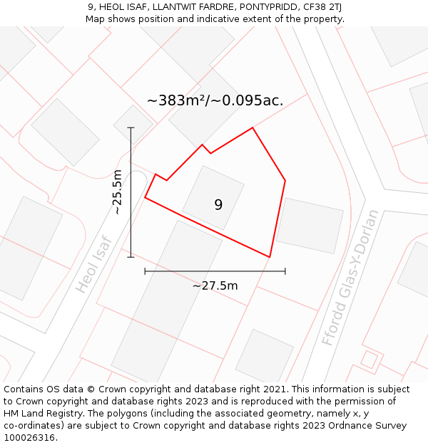 9, HEOL ISAF, LLANTWIT FARDRE, PONTYPRIDD, CF38 2TJ: Plot and title map