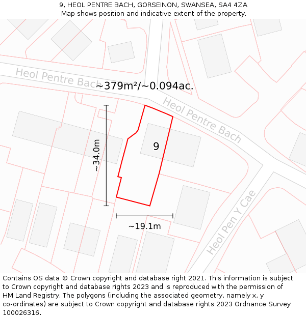 9, HEOL PENTRE BACH, GORSEINON, SWANSEA, SA4 4ZA: Plot and title map