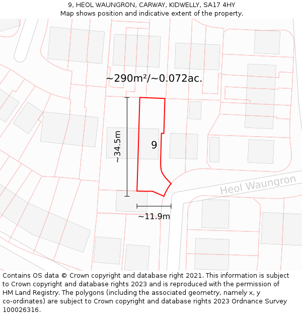 9, HEOL WAUNGRON, CARWAY, KIDWELLY, SA17 4HY: Plot and title map