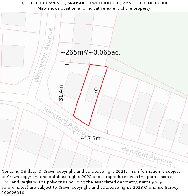 9, HEREFORD AVENUE, MANSFIELD WOODHOUSE, MANSFIELD, NG19 8QF: Plot and title map