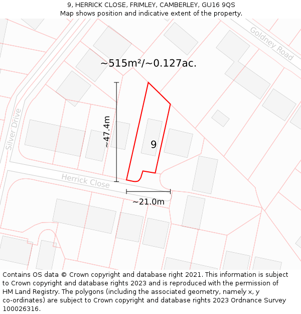 9, HERRICK CLOSE, FRIMLEY, CAMBERLEY, GU16 9QS: Plot and title map