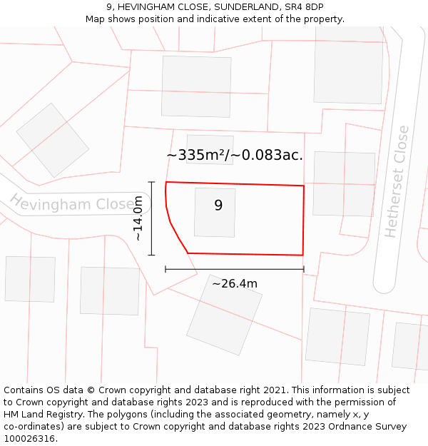 9, HEVINGHAM CLOSE, SUNDERLAND, SR4 8DP: Plot and title map