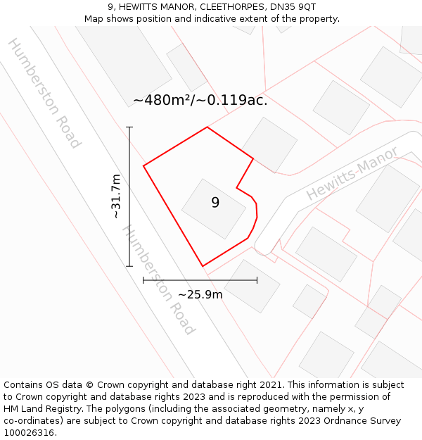 9, HEWITTS MANOR, CLEETHORPES, DN35 9QT: Plot and title map