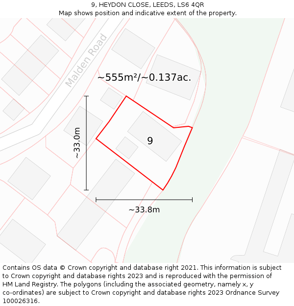 9, HEYDON CLOSE, LEEDS, LS6 4QR: Plot and title map