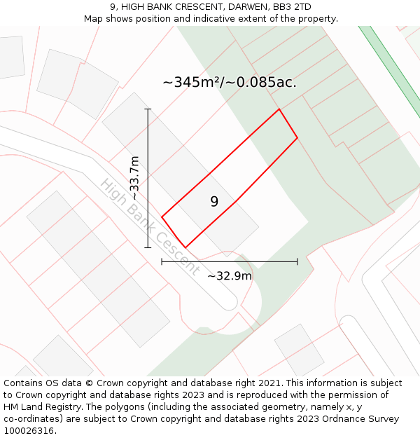 9, HIGH BANK CRESCENT, DARWEN, BB3 2TD: Plot and title map