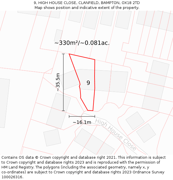 9, HIGH HOUSE CLOSE, CLANFIELD, BAMPTON, OX18 2TD: Plot and title map