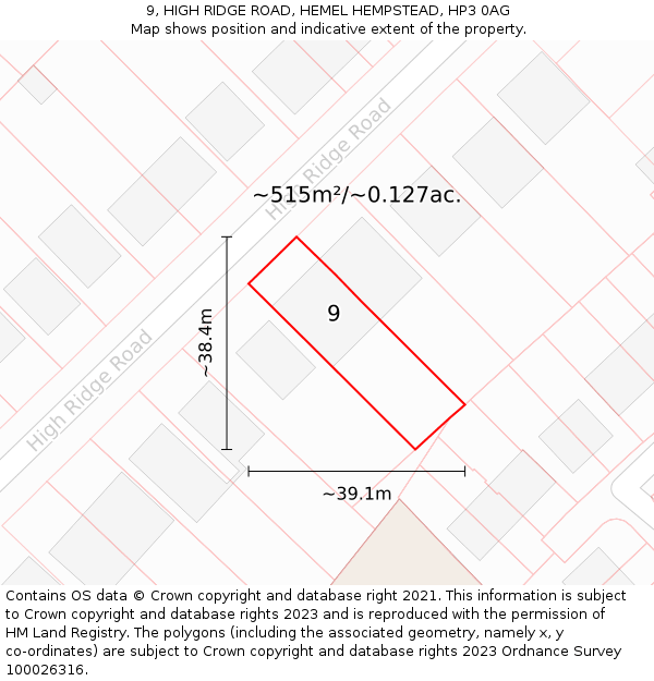 9, HIGH RIDGE ROAD, HEMEL HEMPSTEAD, HP3 0AG: Plot and title map