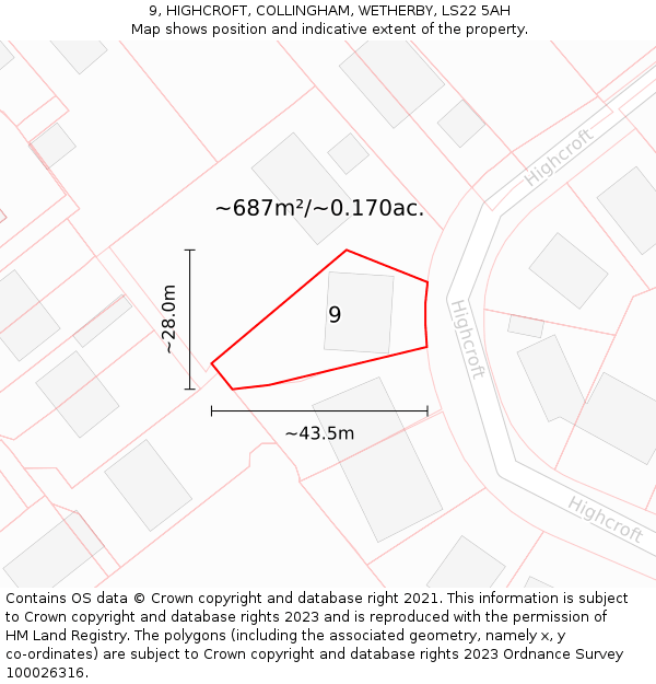 9, HIGHCROFT, COLLINGHAM, WETHERBY, LS22 5AH: Plot and title map