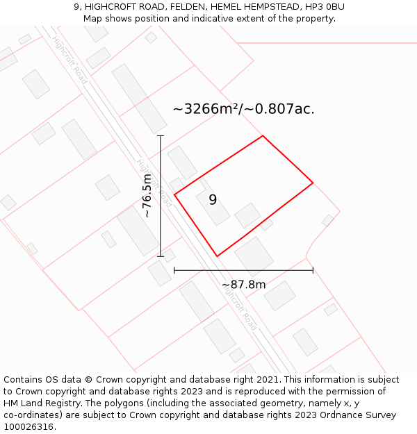 9, HIGHCROFT ROAD, FELDEN, HEMEL HEMPSTEAD, HP3 0BU: Plot and title map