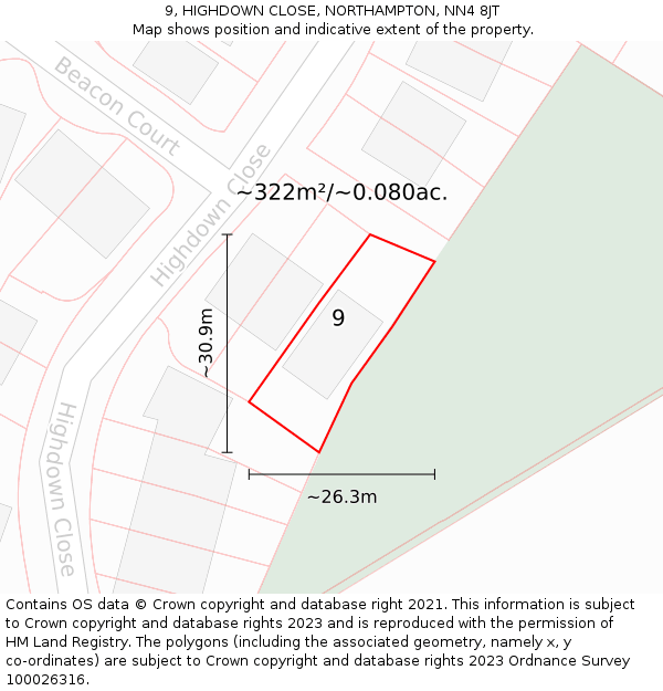 9, HIGHDOWN CLOSE, NORTHAMPTON, NN4 8JT: Plot and title map