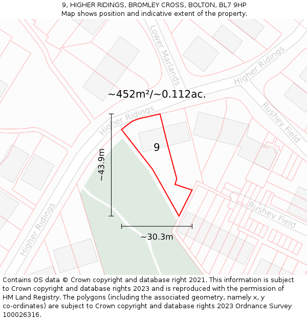 9, HIGHER RIDINGS, BROMLEY CROSS, BOLTON, BL7 9HP: Plot and title map