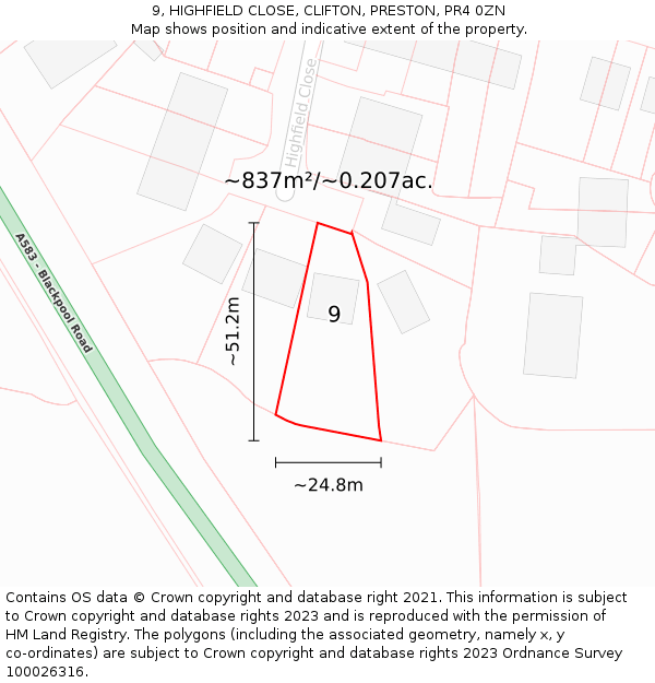 9, HIGHFIELD CLOSE, CLIFTON, PRESTON, PR4 0ZN: Plot and title map