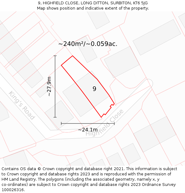 9, HIGHFIELD CLOSE, LONG DITTON, SURBITON, KT6 5JG: Plot and title map
