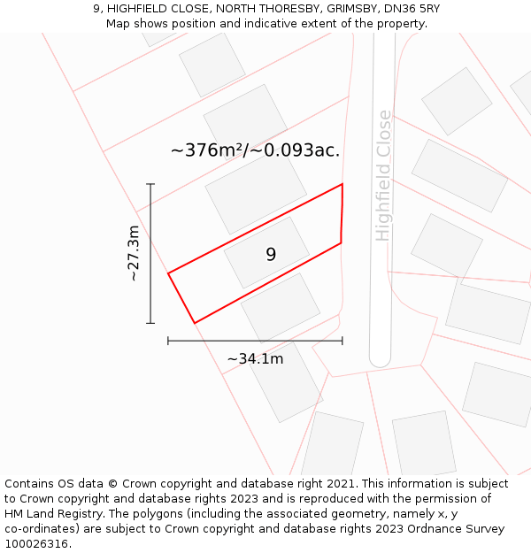 9, HIGHFIELD CLOSE, NORTH THORESBY, GRIMSBY, DN36 5RY: Plot and title map