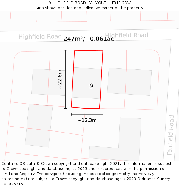 9, HIGHFIELD ROAD, FALMOUTH, TR11 2DW: Plot and title map