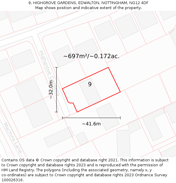 9, HIGHGROVE GARDENS, EDWALTON, NOTTINGHAM, NG12 4DF: Plot and title map