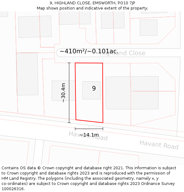 9, HIGHLAND CLOSE, EMSWORTH, PO10 7JP: Plot and title map