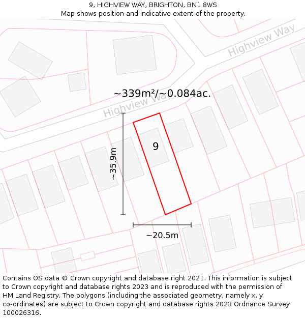 9, HIGHVIEW WAY, BRIGHTON, BN1 8WS: Plot and title map