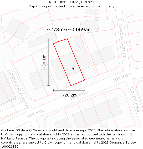 9, HILL RISE, LUTON, LU3 3DZ: Plot and title map