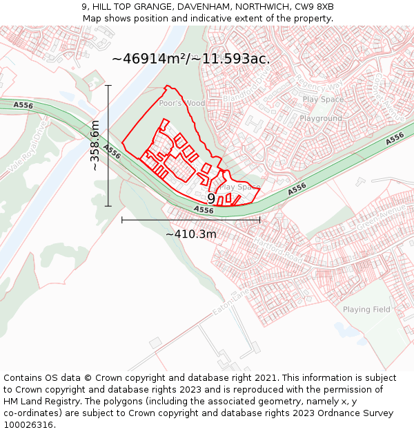 9, HILL TOP GRANGE, DAVENHAM, NORTHWICH, CW9 8XB: Plot and title map