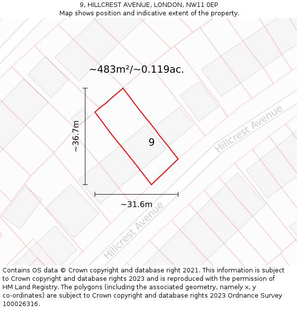 9, HILLCREST AVENUE, LONDON, NW11 0EP: Plot and title map