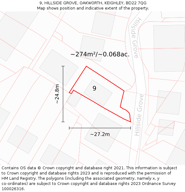 9, HILLSIDE GROVE, OAKWORTH, KEIGHLEY, BD22 7QG: Plot and title map