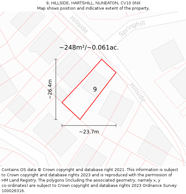 9, HILLSIDE, HARTSHILL, NUNEATON, CV10 0NX: Plot and title map