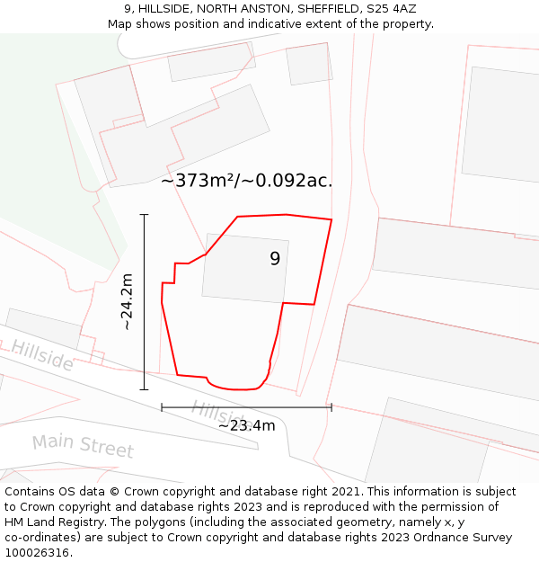 9, HILLSIDE, NORTH ANSTON, SHEFFIELD, S25 4AZ: Plot and title map