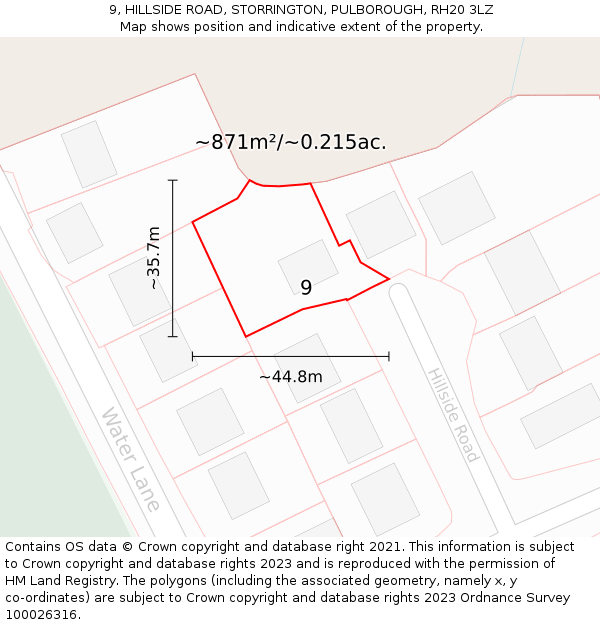 9, HILLSIDE ROAD, STORRINGTON, PULBOROUGH, RH20 3LZ: Plot and title map