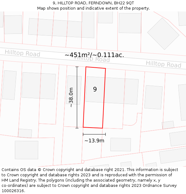 9, HILLTOP ROAD, FERNDOWN, BH22 9QT: Plot and title map