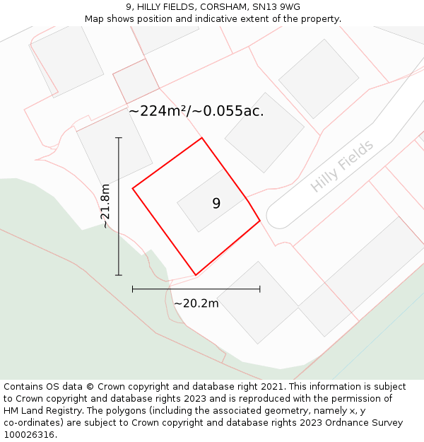 9, HILLY FIELDS, CORSHAM, SN13 9WG: Plot and title map