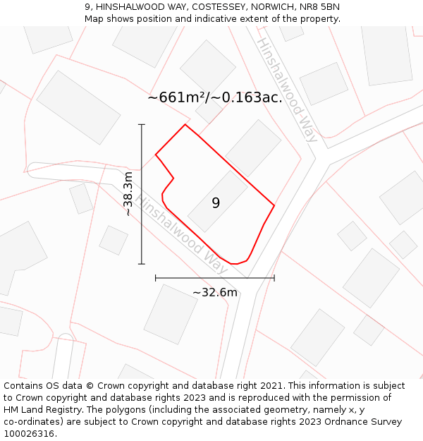 9, HINSHALWOOD WAY, COSTESSEY, NORWICH, NR8 5BN: Plot and title map