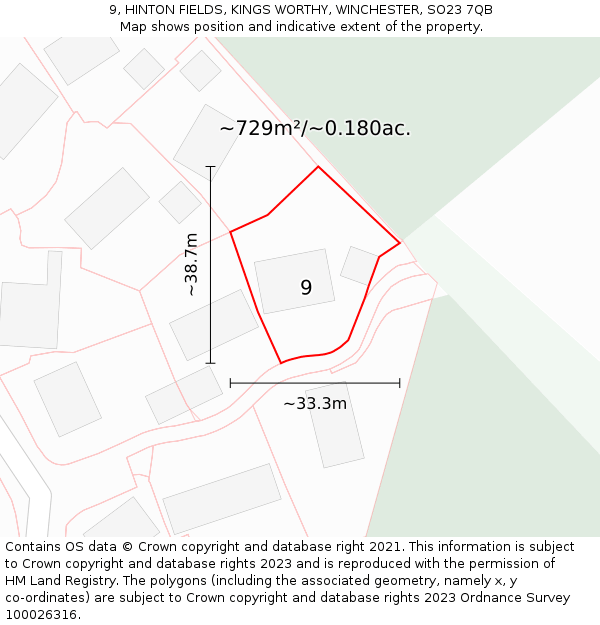 9, HINTON FIELDS, KINGS WORTHY, WINCHESTER, SO23 7QB: Plot and title map