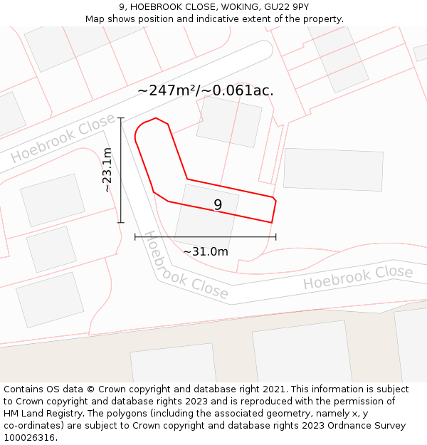 9, HOEBROOK CLOSE, WOKING, GU22 9PY: Plot and title map