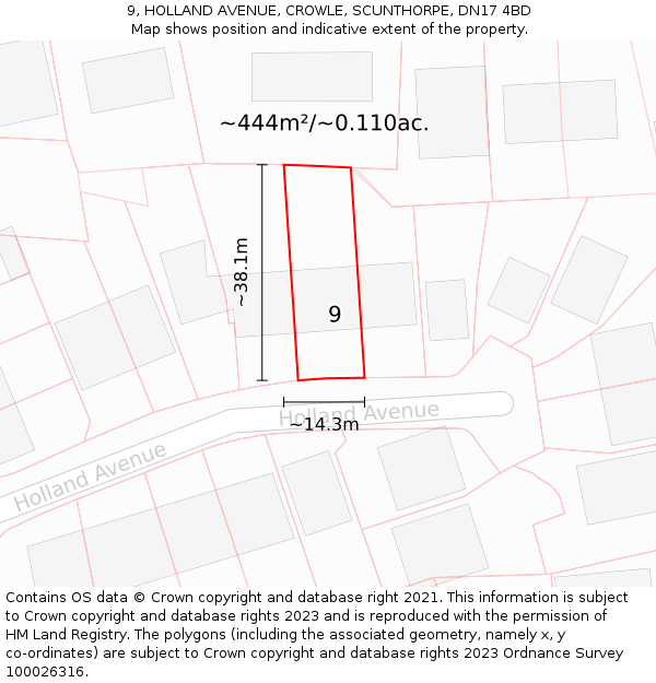 9, HOLLAND AVENUE, CROWLE, SCUNTHORPE, DN17 4BD: Plot and title map