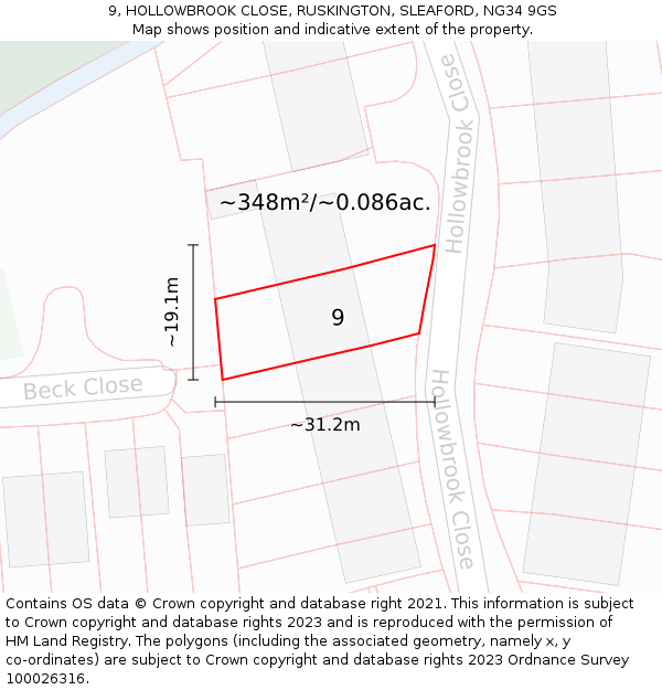 9, HOLLOWBROOK CLOSE, RUSKINGTON, SLEAFORD, NG34 9GS: Plot and title map