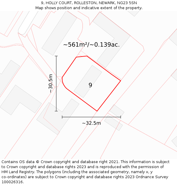9, HOLLY COURT, ROLLESTON, NEWARK, NG23 5SN: Plot and title map