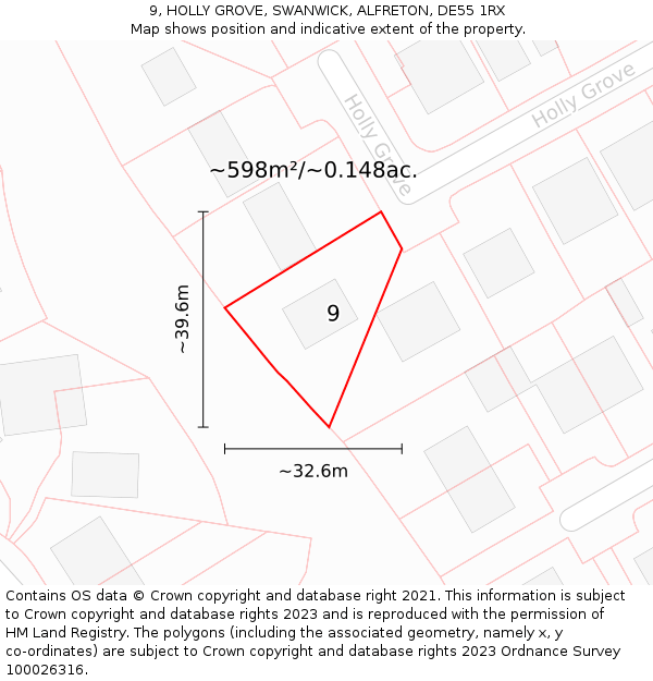 9, HOLLY GROVE, SWANWICK, ALFRETON, DE55 1RX: Plot and title map