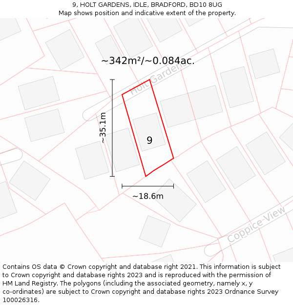 9, HOLT GARDENS, IDLE, BRADFORD, BD10 8UG: Plot and title map