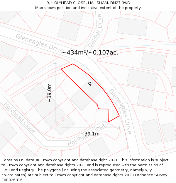 9, HOLYHEAD CLOSE, HAILSHAM, BN27 3WD: Plot and title map