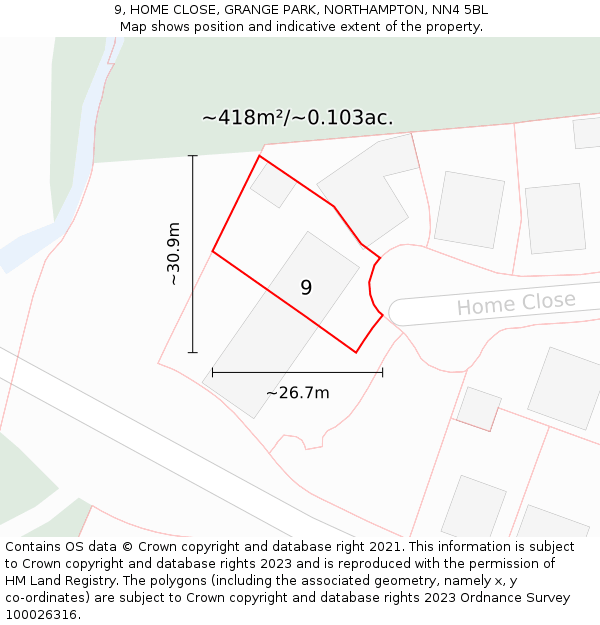 9, HOME CLOSE, GRANGE PARK, NORTHAMPTON, NN4 5BL: Plot and title map