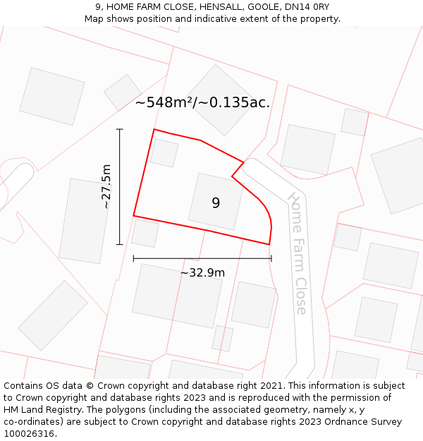 9, HOME FARM CLOSE, HENSALL, GOOLE, DN14 0RY: Plot and title map