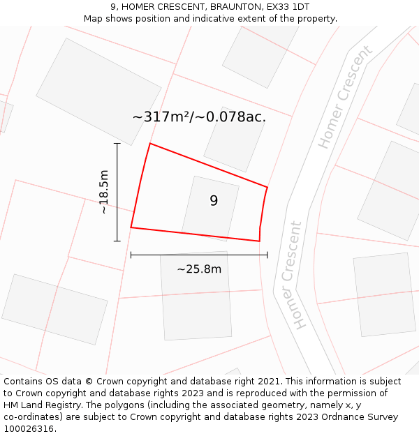 9, HOMER CRESCENT, BRAUNTON, EX33 1DT: Plot and title map