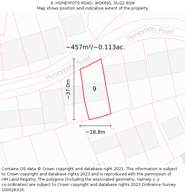 9, HONEYPOTS ROAD, WOKING, GU22 9QW: Plot and title map