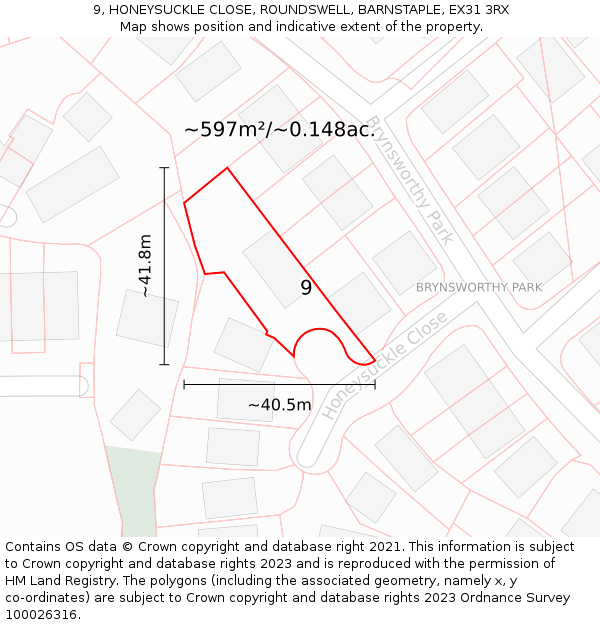 9, HONEYSUCKLE CLOSE, ROUNDSWELL, BARNSTAPLE, EX31 3RX: Plot and title map