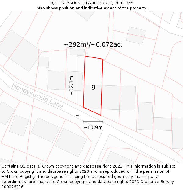 9, HONEYSUCKLE LANE, POOLE, BH17 7YY: Plot and title map