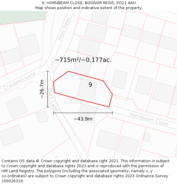 9, HORNBEAM CLOSE, BOGNOR REGIS, PO21 4AH: Plot and title map